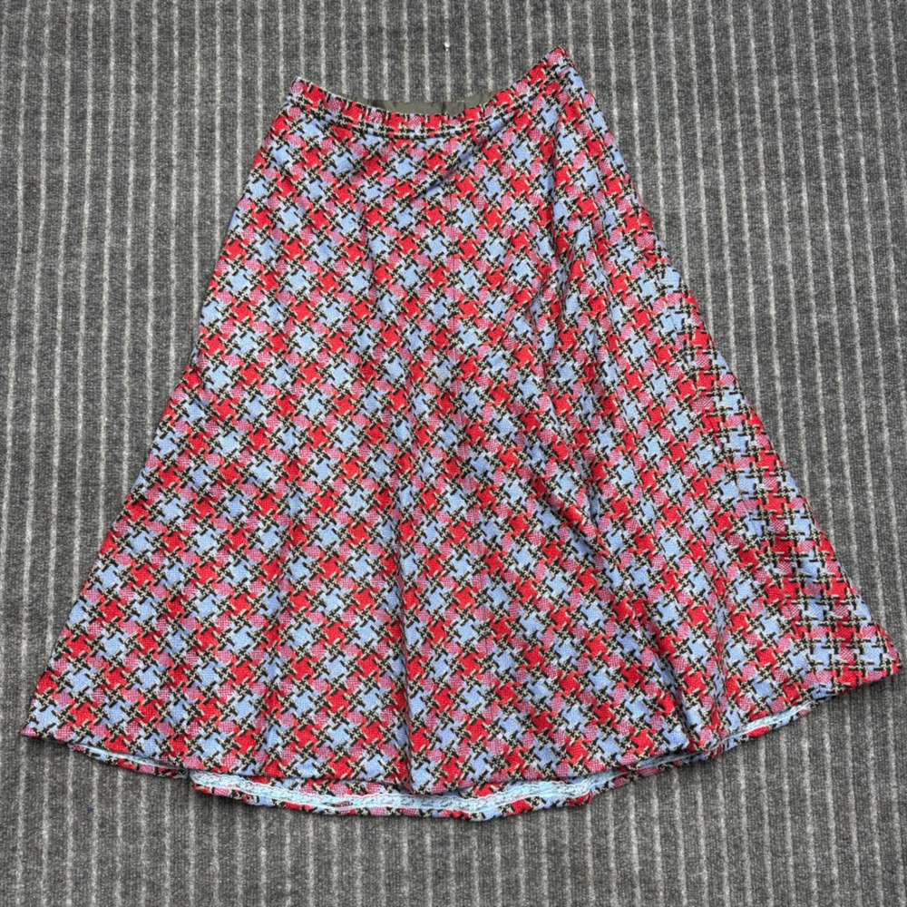 Vintage Womens Houndstooth A-Line Midi Skirt Red Blue Black Wool Blend Retro